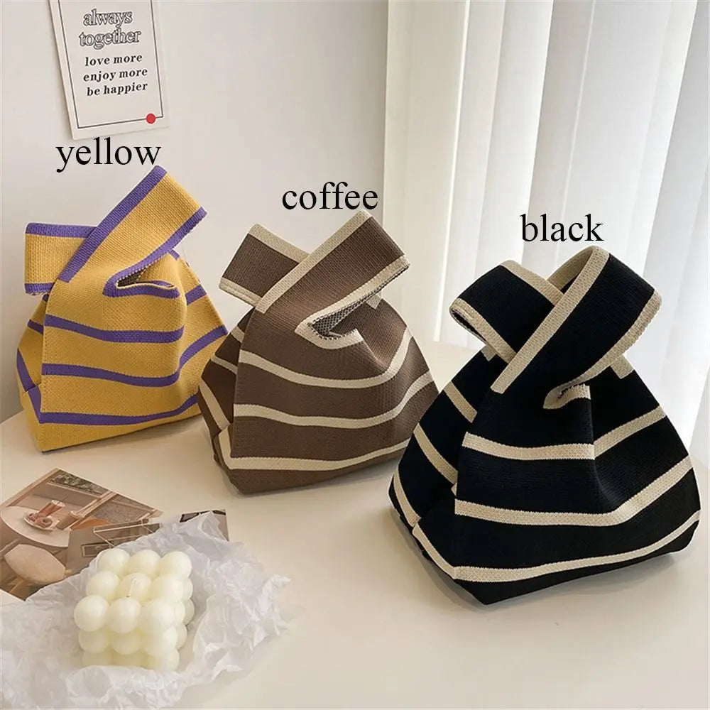 Student Wide Stripe Reusable Knot Wrist Bag Knit Handbag Plaid Tote Bag Shopping Bags