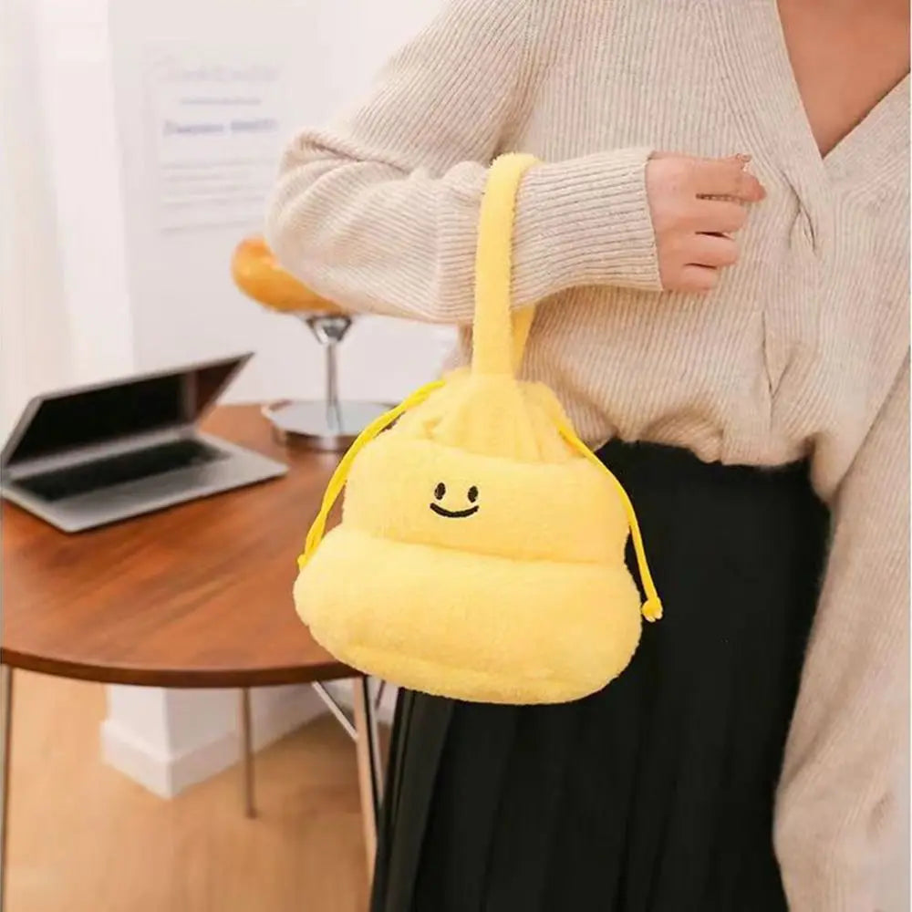 Drawstring Cartoon Poop Shape Handbag Large Capacity Fluffy Funny Plush Shoulder Bag Portable Multi-purpose