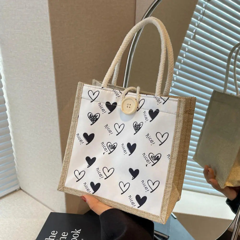 Linen Button Zipper Handbag Large Capacity Grocery Bag Women Tote Beach Organizer Portable Shopping Bag Lunch Bag