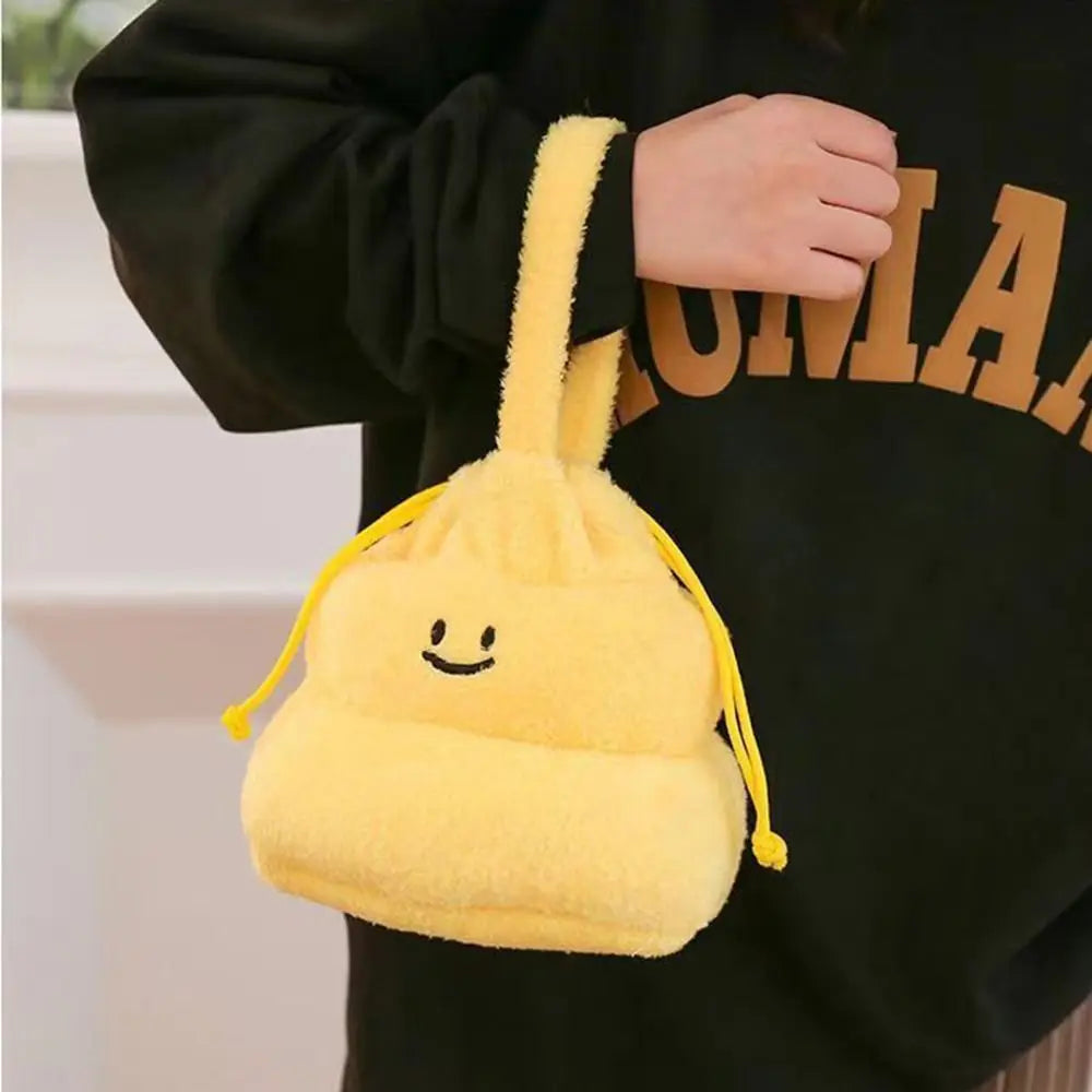 Drawstring Cartoon Poop Shape Handbag Large Capacity Fluffy Funny Plush Shoulder Bag Portable Multi-purpose