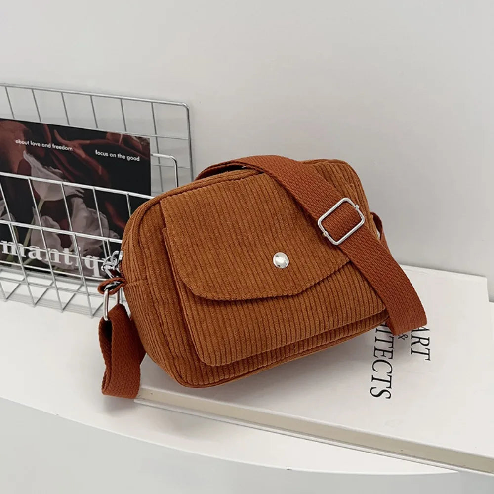 New Corduroy Striped Crossbody Bag Simple Design Adjustable Strap Shoulder Bags Solid Colour Mini Coin Pouch for Casual Wear