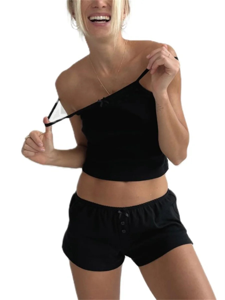 Aesthetic Spaghetti Strap Crop Top & Button Short