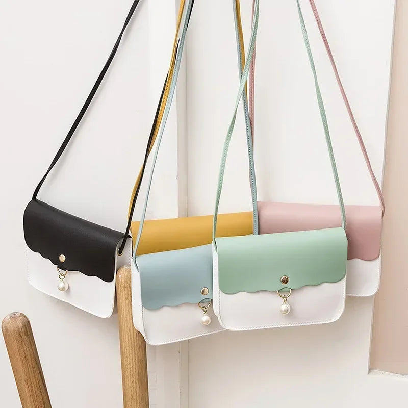 Women's PU Leather Shoulder Bag, Solid Color Messenger Purse with Pearl Pendant, Small Travel Handbag