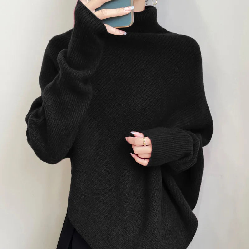 100% Merino Wool Autumn Winter Batwing Sleeves High Neck Pullover Long Sleeve Knitwear Trendy
