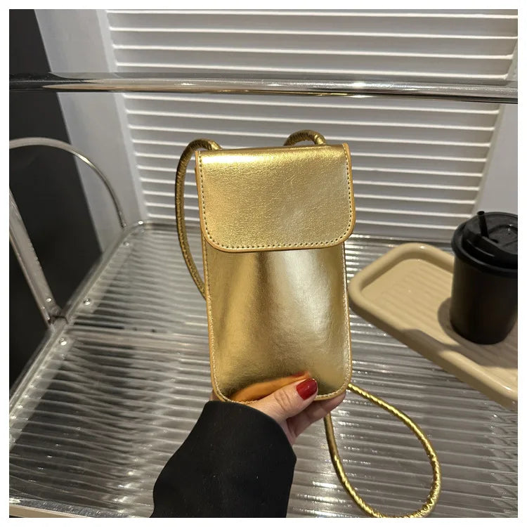 New Fashion Gold Silver Glossy Mini Bag Casual Versatile Shoulder Crossbody Bag for Women Outdoor Portable Mobile Phone Bag