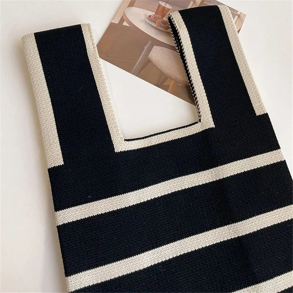 Student Wide Stripe Reusable Knot Wrist Bag Knit Handbag Plaid Tote Bag Shopping Bags