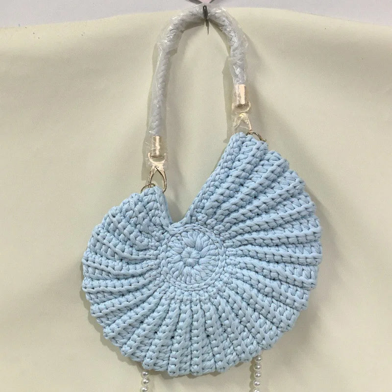 Creative Conch Shaped Crochet Women Shoulde Bags Funny Cute Pearls Chains Handmade Weave Crossbody Bag Novelty Small Handbags