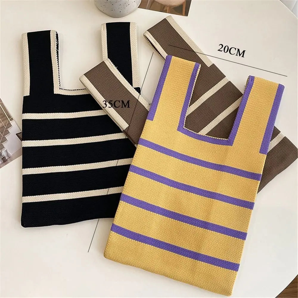 Student Wide Stripe Reusable Knot Wrist Bag Knit Handbag Plaid Tote Bag Shopping Bags
