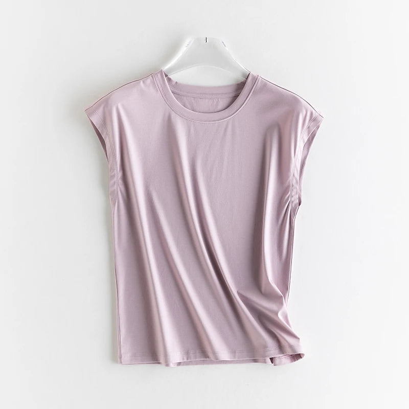 Silk Mercerized Cotton Sleeveless T-shirt Women Tank Top Silky Feeling Summer Cooling Wear O-neck Tee Vest Tops High-end