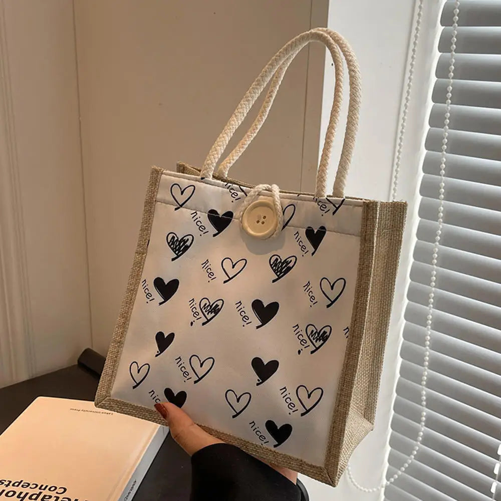 Linen Button Zipper Handbag Large Capacity Grocery Bag Women Tote Beach Organizer Portable Shopping Bag Lunch Bag