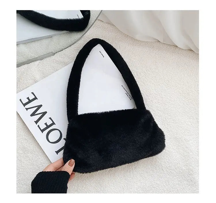 New Fluffy Totes Soft Plush Shoulder Underarm Bag Solid Color Purse Autumn Winter Handbag Women Lady Fashion Storage Pouch