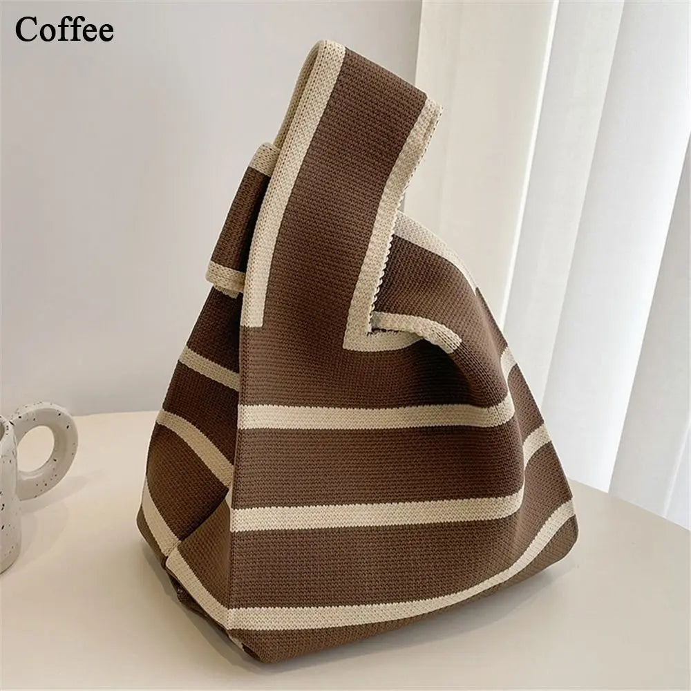Student Wide Stripe Reusable Knot Wrist Bag Knit Handbag Plaid Tote Bag Shopping Bags