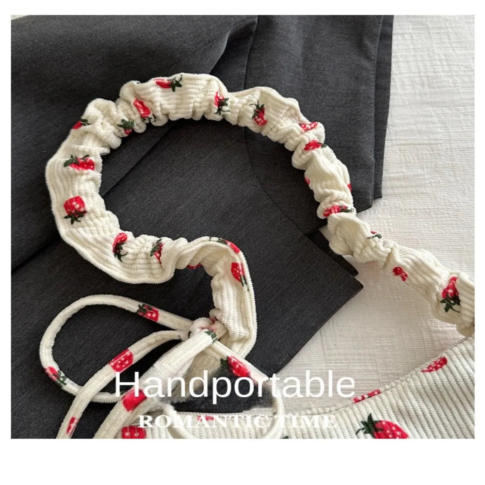 New Large Capacity Corduroy Tote Bag Women Girl Y2k Strawberry Shoulder Bag Sweet Trendy Zipper Underarm Bag Crossbody Bag