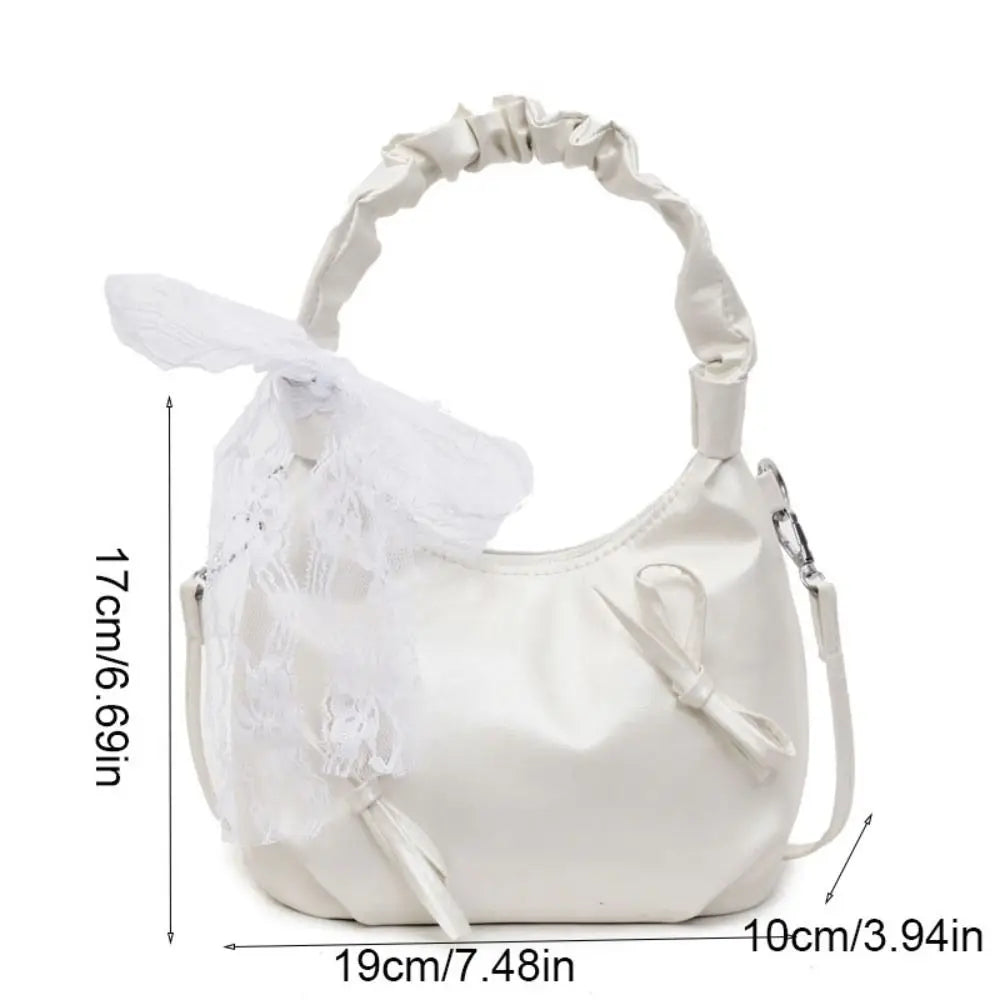 Fashion Cloud Evening Handbag Pleated Beige Bow PU Shoulder Bag Lace Ribbon Large Capacity Underarm Bag Travel