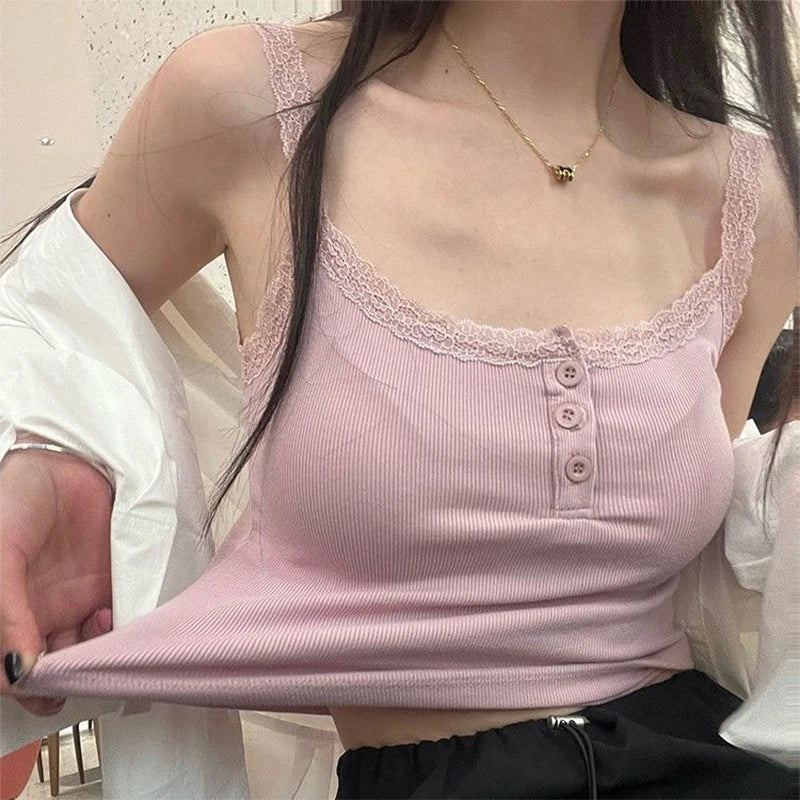 Summer Lace Strap Patchwork Camisole Women Solid Color Sleeveless Buttons Tank Top
