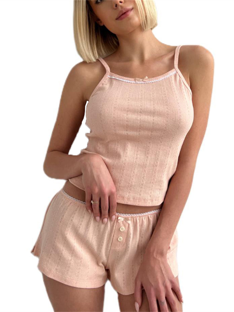 Aesthetic Spaghetti Strap Crop Top & Button Short