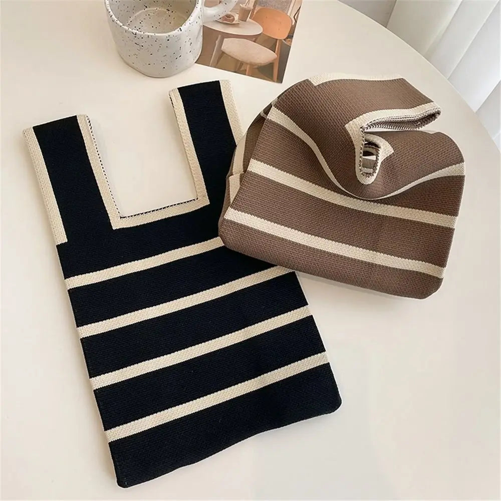 Student Wide Stripe Reusable Knot Wrist Bag Knit Handbag Plaid Tote Bag Shopping Bags