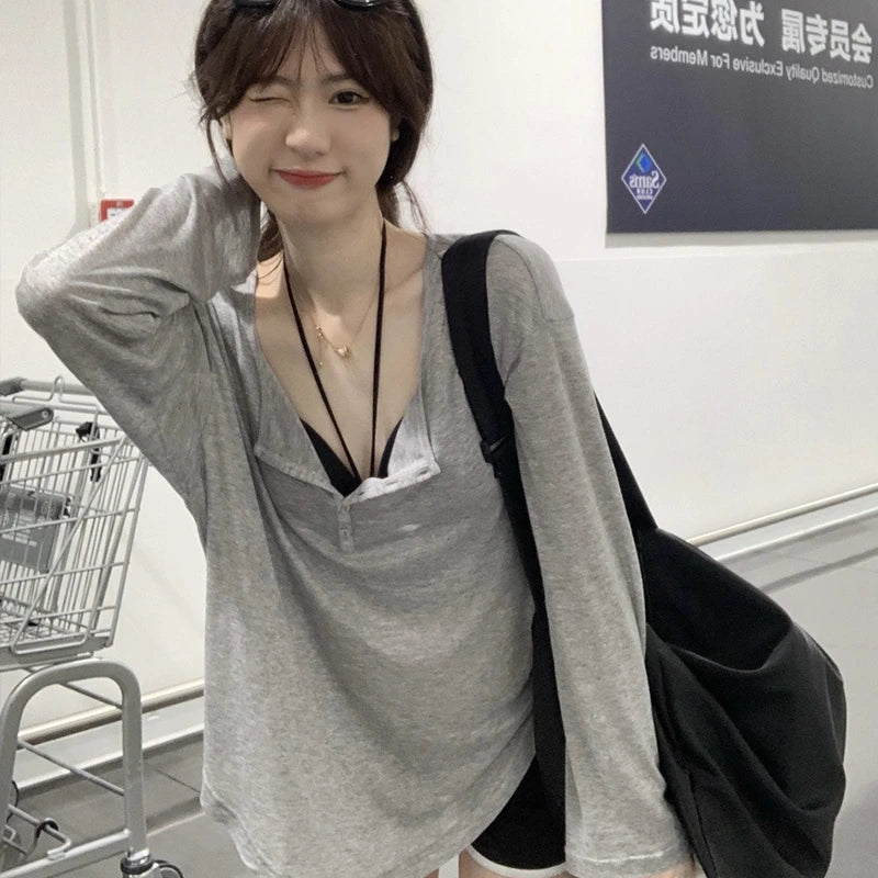 T Shirts Women Slash Neck Long Sleeve Tops Solid Stretch Women's Summer Sexy Club Tshirt Korean Loose Tees Streetwear Clothes