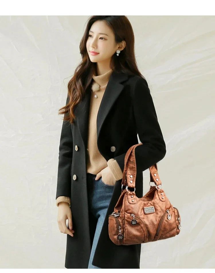 Luxury Soft Pu Leather Brand Girls Shoulder Bags Black HandBags Tote New Arrival Mini Small Motorcycle Bags Crossbody for Women