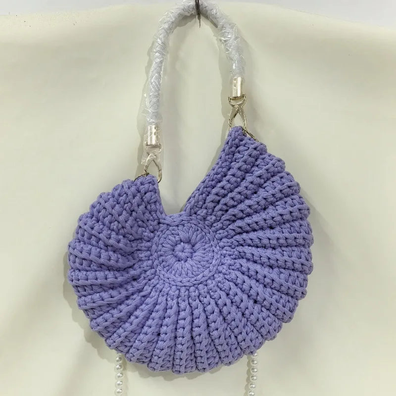 Creative Conch Shaped Crochet Women Shoulde Bags Funny Cute Pearls Chains Handmade Weave Crossbody Bag Novelty Small Handbags