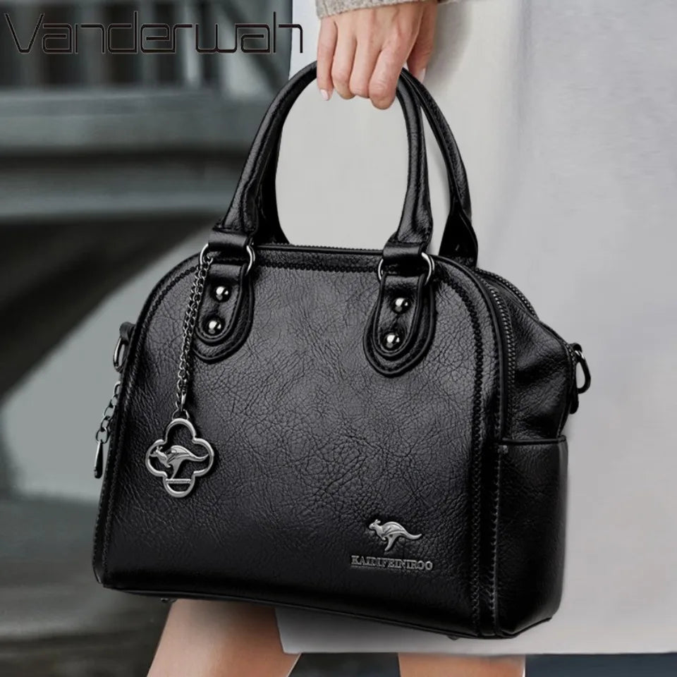 Genuine Kangaroo Brand Soft Pu Leather Hand Bag Small Handbags Women Shoulder Bags for Mother 3 Layers Tote Commuting Bag Summer