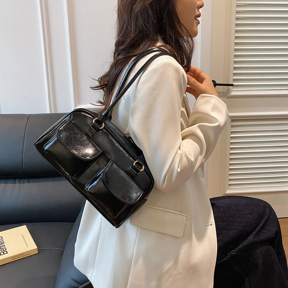 Vintage/Business Shoulder Pu Leather 2 Pocket Chic Female Underarm Bag