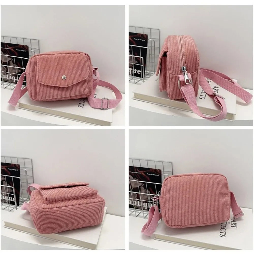 New Corduroy Striped Crossbody Bag Simple Design Adjustable Strap Shoulder Bags Solid Colour Mini Coin Pouch for Casual Wear