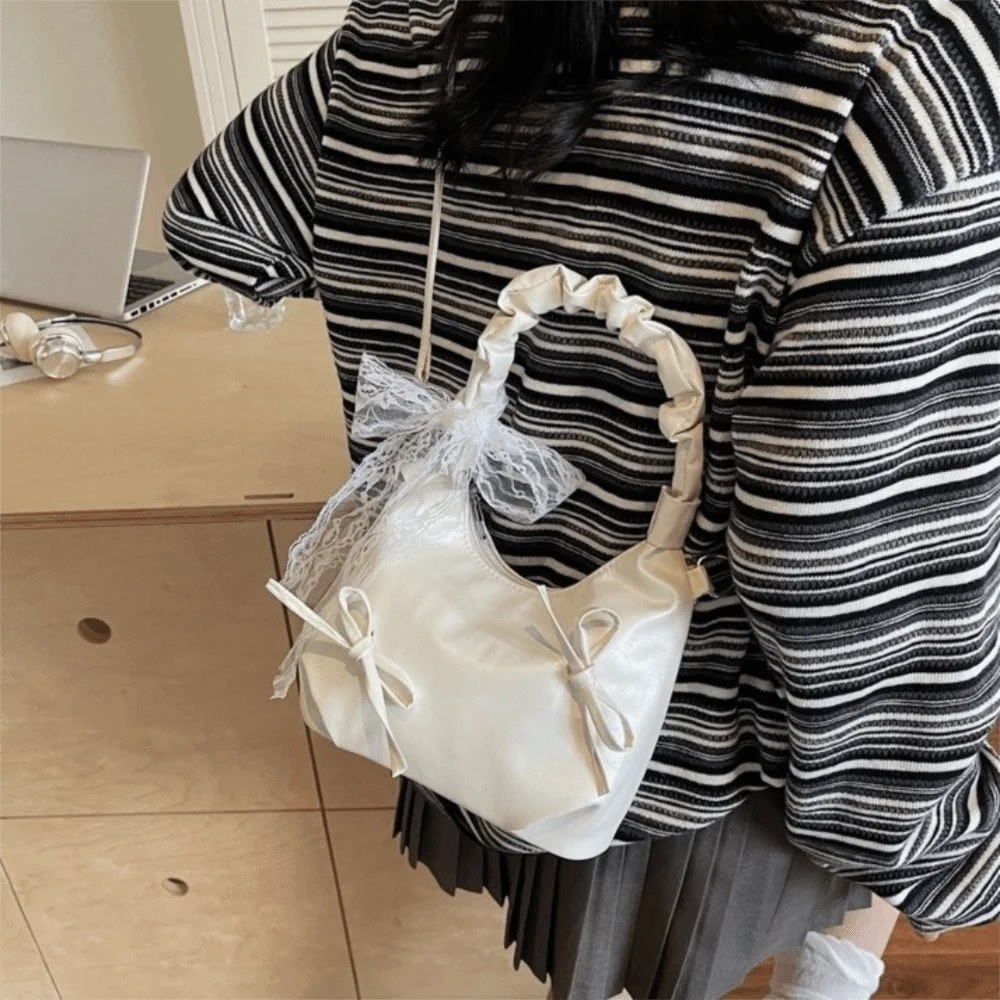 Fashion Cloud Evening Handbag Pleated Beige Bow PU Shoulder Bag Lace Ribbon Large Capacity Underarm Bag Travel