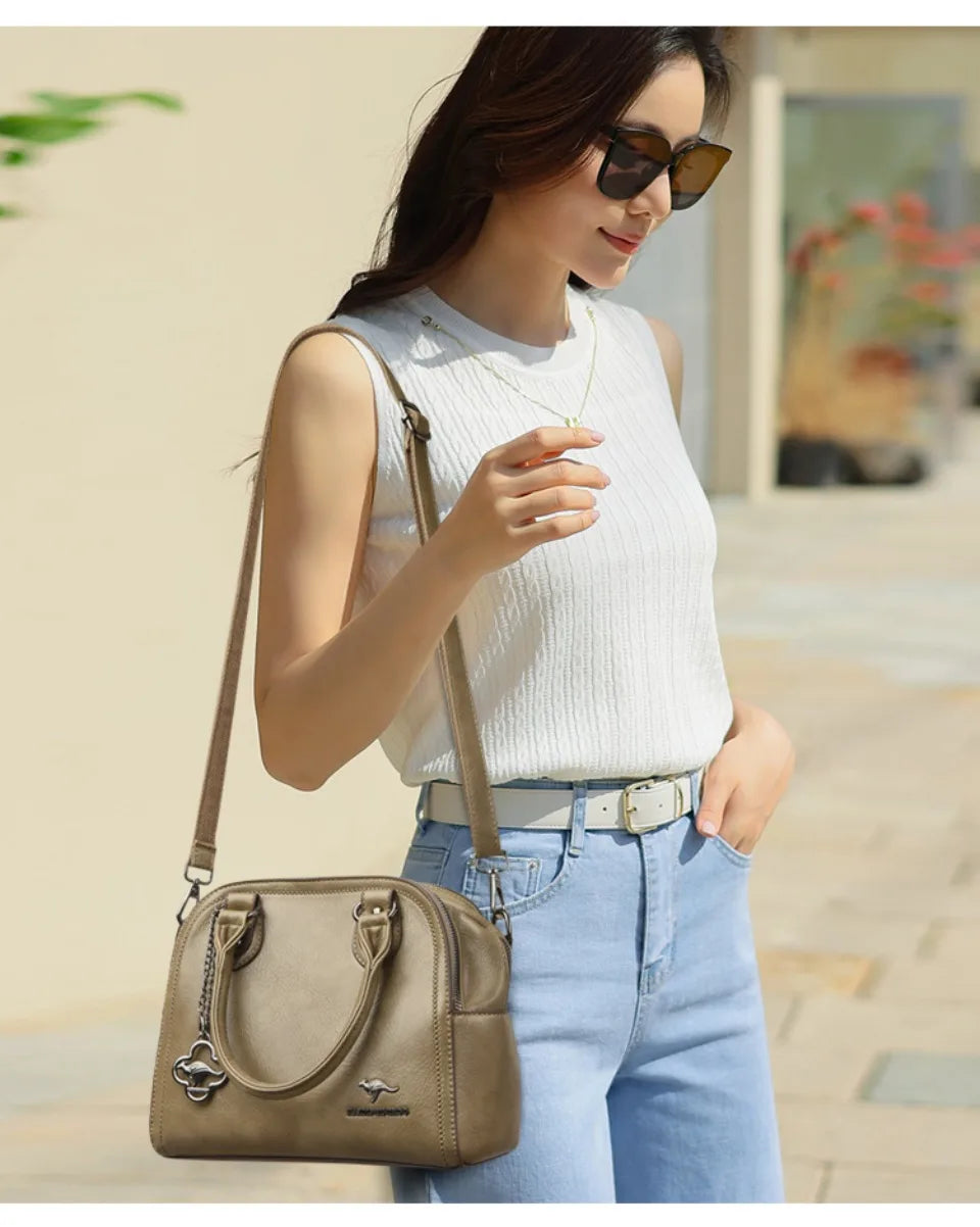 Genuine Kangaroo Brand Soft Pu Leather Hand Bag Small Handbags Women Shoulder Bags for Mother 3 Layers Tote Commuting Bag Summer