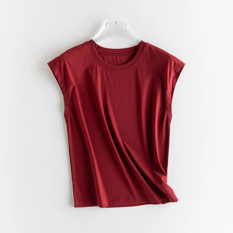 Silk Mercerized Cotton Sleeveless T-shirt Women Tank Top Silky Feeling Summer Cooling Wear O-neck Tee Vest Tops High-end