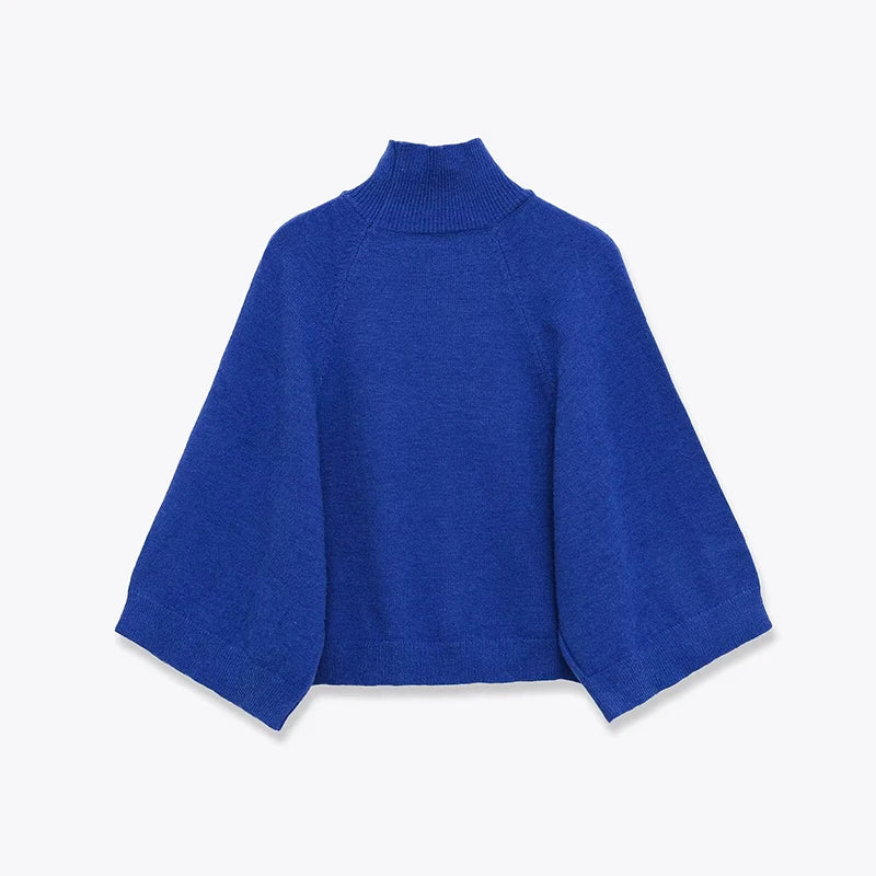 Blue Wide Sleeve Knit Pullover Women Spring 2025 Short High Neck Sweater