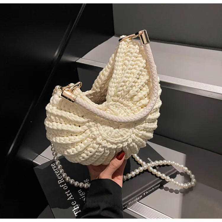 Creative Conch Shaped Crochet Women Shoulde Bags Funny Cute Pearls Chains Handmade Weave Crossbody Bag Novelty Small Handbags
