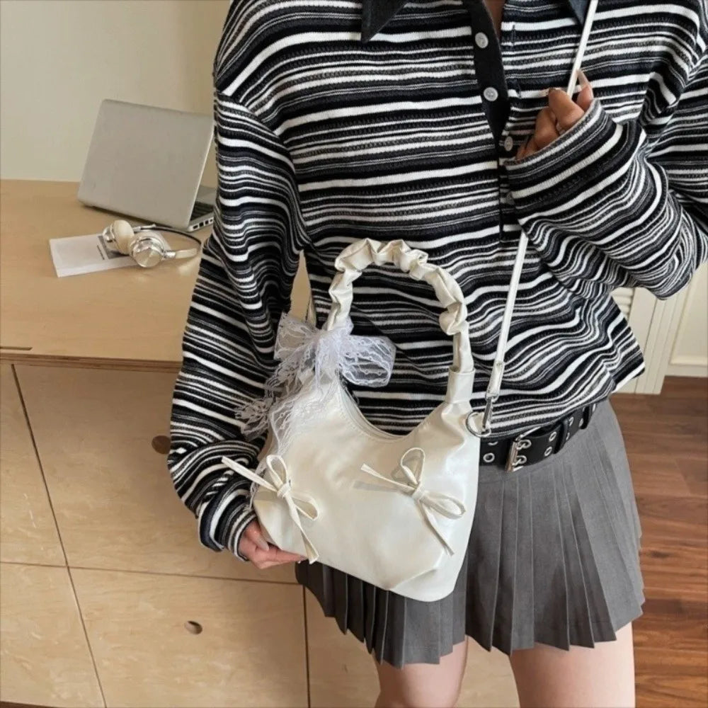 Fashion Cloud Evening Handbag Pleated Beige Bow PU Shoulder Bag Lace Ribbon Large Capacity Underarm Bag Travel