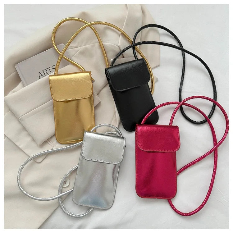 New Fashion Gold Silver Glossy Mini Bag Casual Versatile Shoulder Crossbody Bag for Women Outdoor Portable Mobile Phone Bag