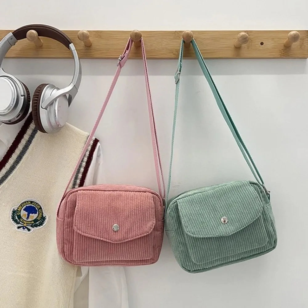 New Corduroy Striped Crossbody Bag Simple Design Adjustable Strap Shoulder Bags Solid Colour Mini Coin Pouch for Casual Wear