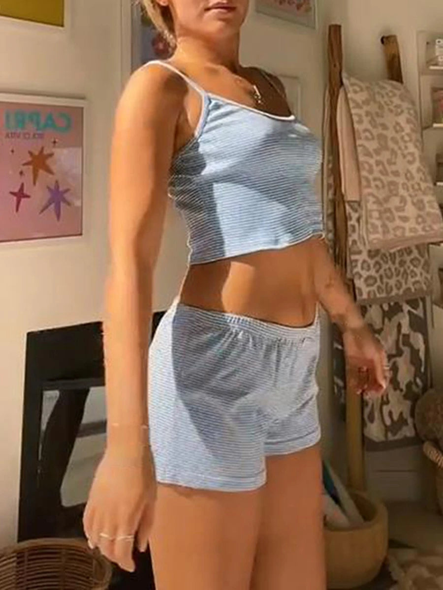 Aesthetic Spaghetti Strap Crop Top & Button Short