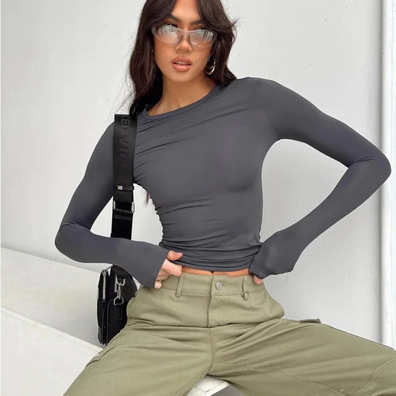 Women Casual Long Sleeve Pullover Shirt |💥 Solid Slim Fit Streetwear Base Tee🙋