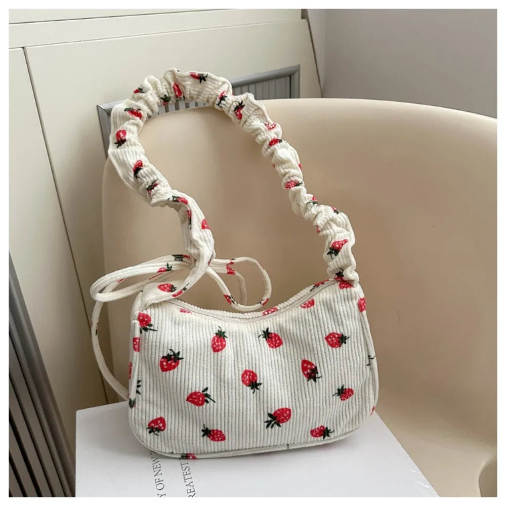 New Large Capacity Corduroy Tote Bag Women Girl Y2k Strawberry Shoulder Bag Sweet Trendy Zipper Underarm Bag Crossbody Bag