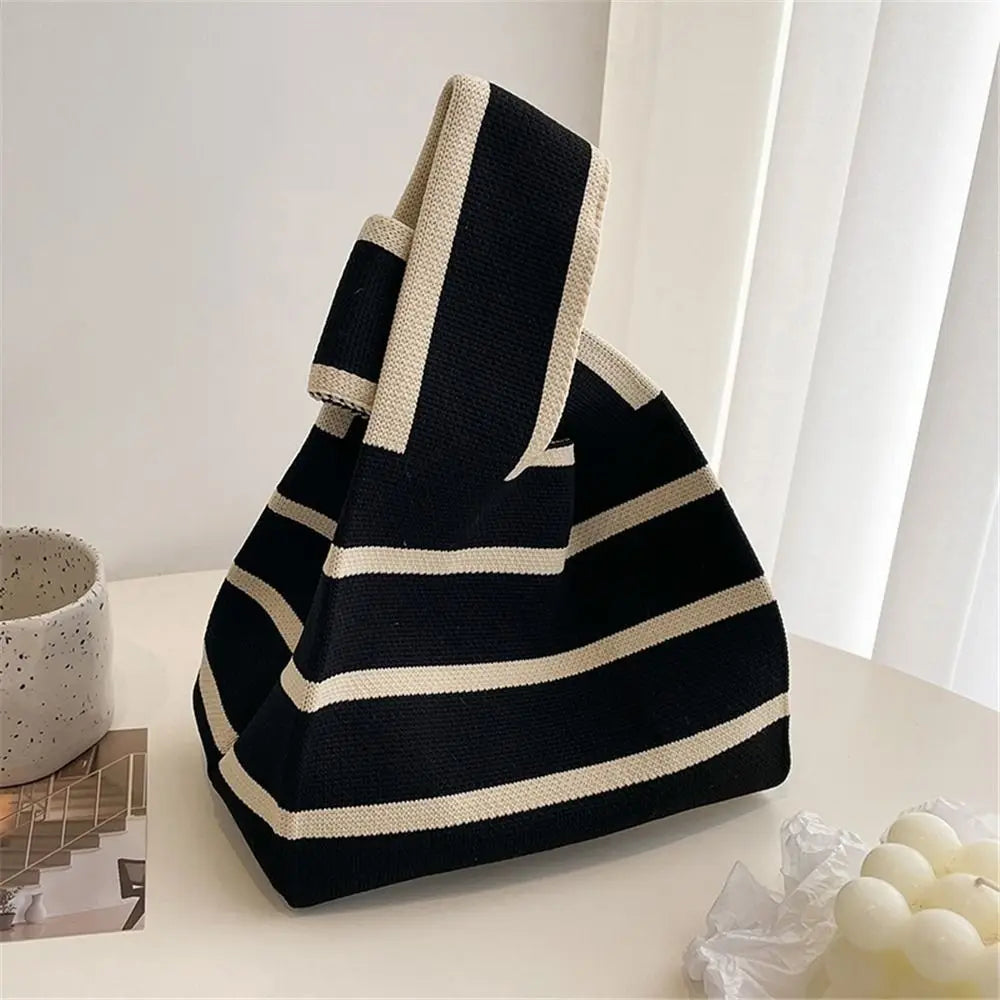 Student Wide Stripe Reusable Knot Wrist Bag Knit Handbag Plaid Tote Bag Shopping Bags