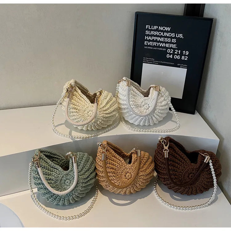 Creative Conch Shaped Crochet Women Shoulde Bags Funny Cute Pearls Chains Handmade Weave Crossbody Bag Novelty Small Handbags