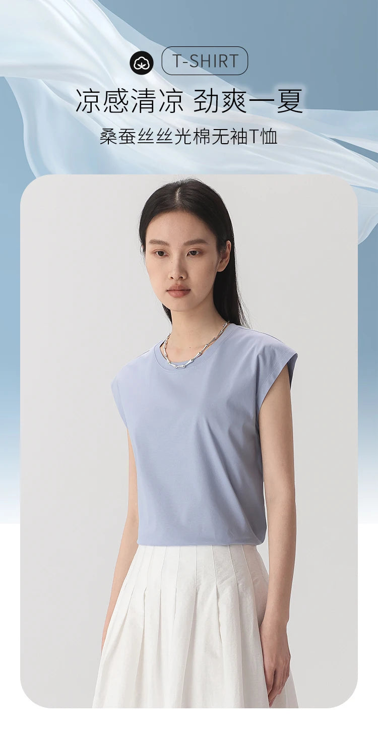 Silk Mercerized Cotton Sleeveless T-shirt Women Tank Top Silky Feeling Summer Cooling Wear O-neck Tee Vest Tops High-end