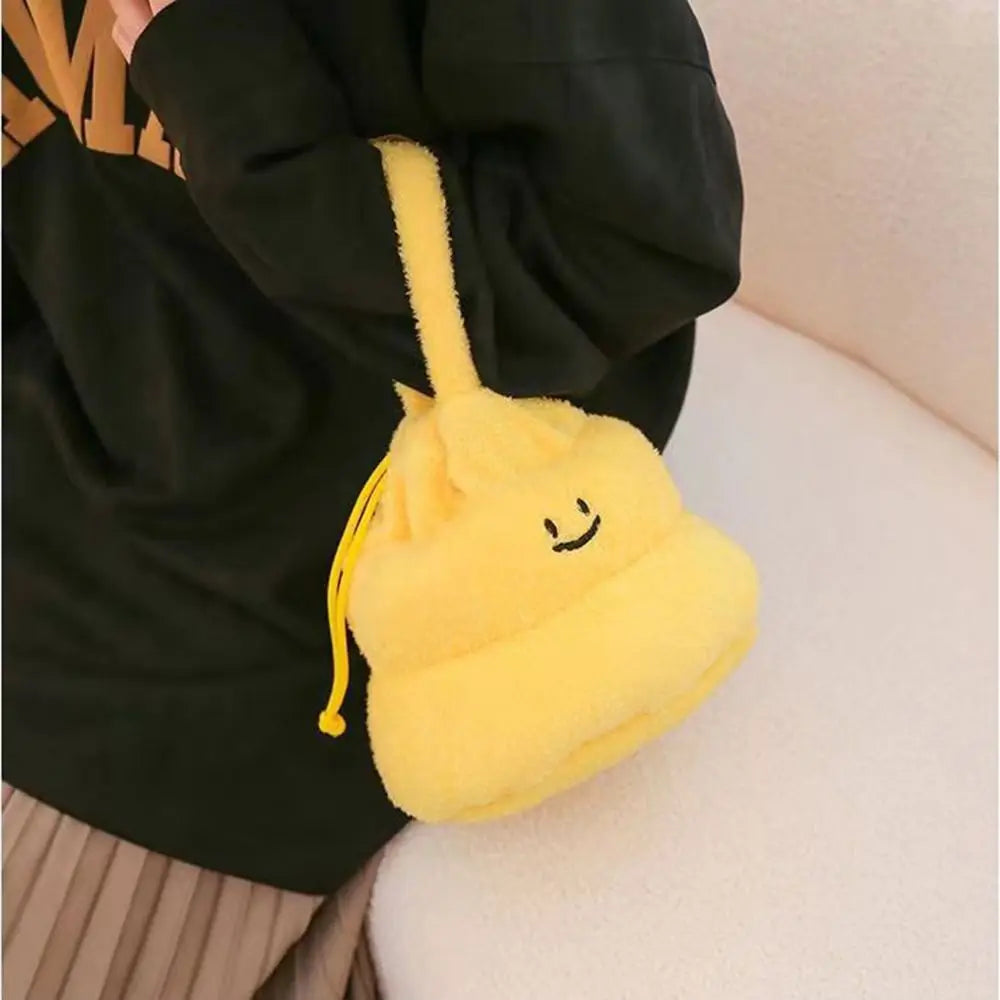 Drawstring Cartoon Poop Shape Handbag Large Capacity Fluffy Funny Plush Shoulder Bag Portable Multi-purpose
