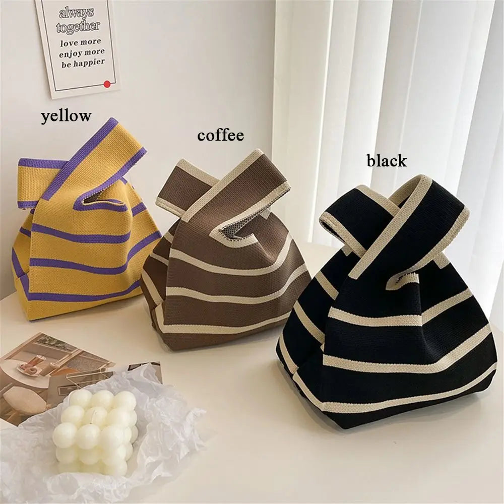 Student Wide Stripe Reusable Knot Wrist Bag Knit Handbag Plaid Tote Bag Shopping Bags