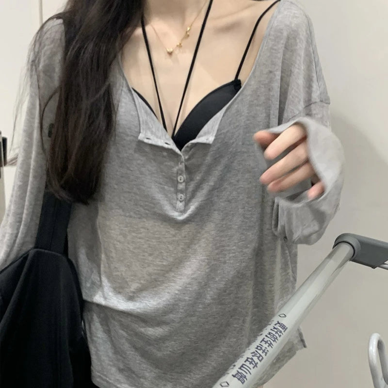 T Shirts Women Slash Neck Long Sleeve Tops Solid Stretch Women's Summer Sexy Club Tshirt Korean Loose Tees Streetwear Clothes