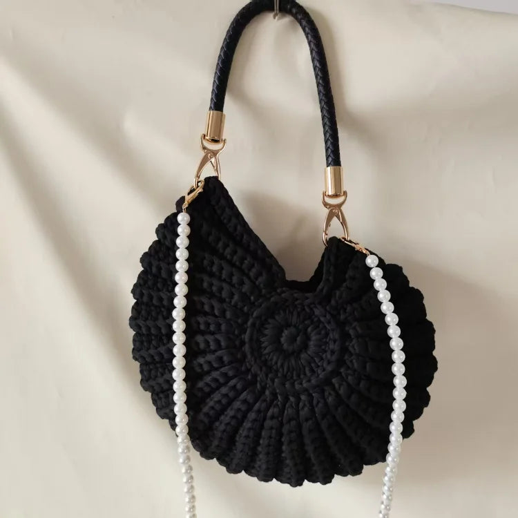 Creative Conch Shaped Crochet Women Shoulde Bags Funny Cute Pearls Chains Handmade Weave Crossbody Bag Novelty Small Handbags