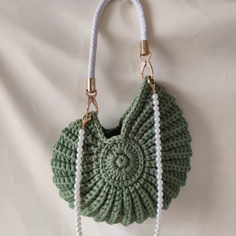 Creative Conch Shaped Crochet Women Shoulde Bags Funny Cute Pearls Chains Handmade Weave Crossbody Bag Novelty Small Handbags
