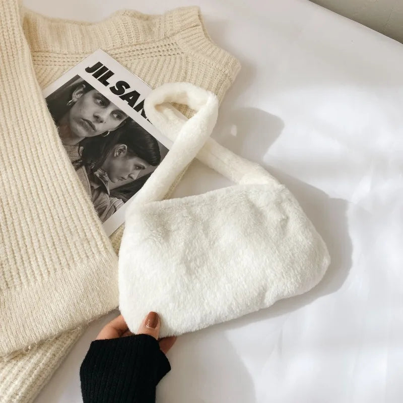 New Fluffy Totes Soft Plush Shoulder Underarm Bag Solid Color Purse Autumn Winter Handbag Women Lady Fashion Storage Pouch