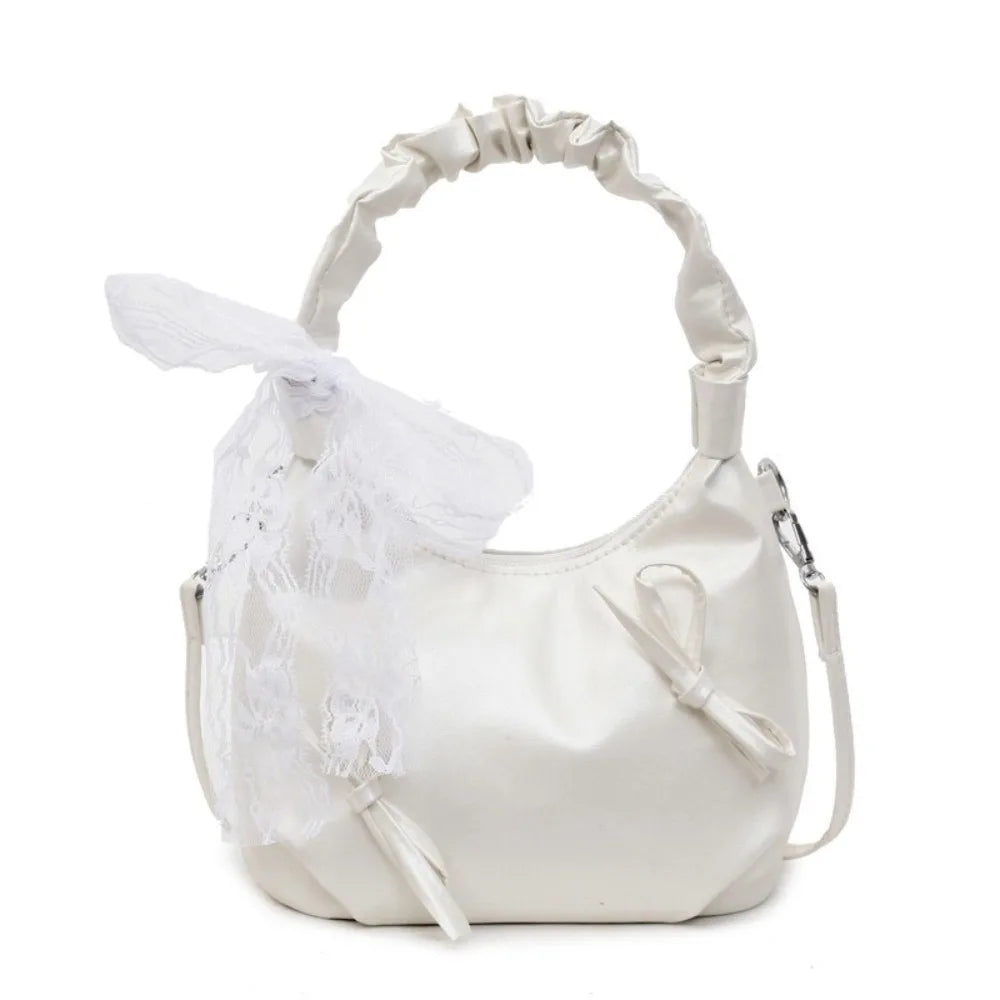 Fashion Cloud Evening Handbag Pleated Beige Bow PU Shoulder Bag Lace Ribbon Large Capacity Underarm Bag Travel