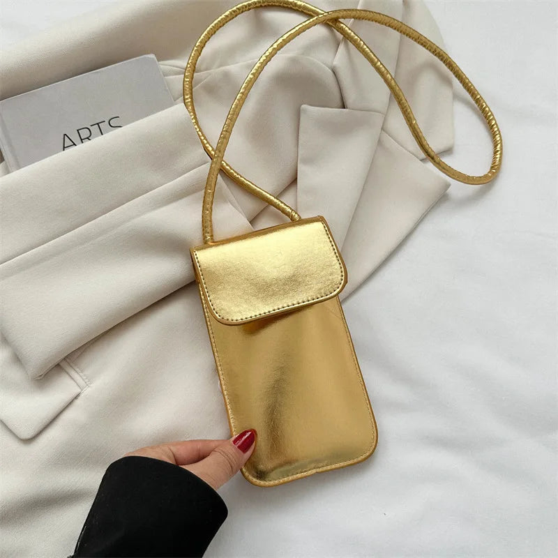 New Fashion Gold Silver Glossy Mini Bag Casual Versatile Shoulder Crossbody Bag for Women Outdoor Portable Mobile Phone Bag
