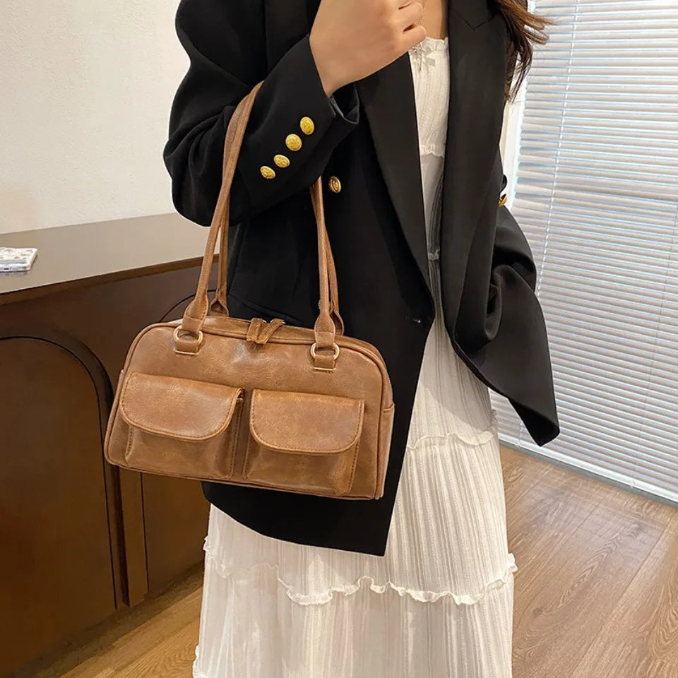 Vintage/Business Shoulder Pu Leather 2 Pocket Chic Female Underarm Bag